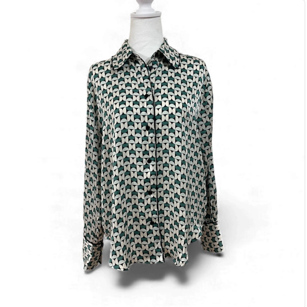 H&M Green Geometric Pattern Blouse with Black Piping - Size Small